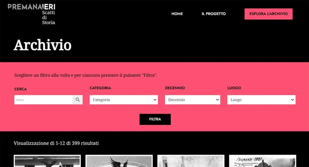 Archivio fotografico digitale, pagina della consulta coi filtri